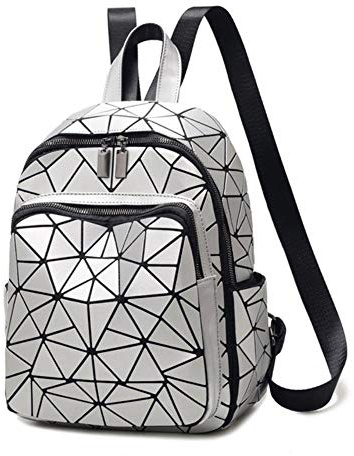 UKKD Schultasche Frauen Luminous Rucksack Fashion Geometric Plaid Rucksäcke Folding Glanz Reise Holographic Tasche Female Student,Silber