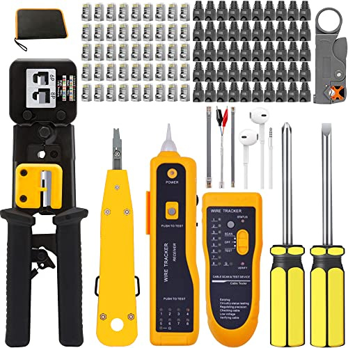 Mayline RJ45 Werkzeugset für Netzwerk, Crimpwerkzeug/Crimpzange, professionell, Wartung von LAN, Netzwerkkabel, RJ11, CAT5, CAT6, 50 Stück RJ45, Kristallstecker, Schwarz