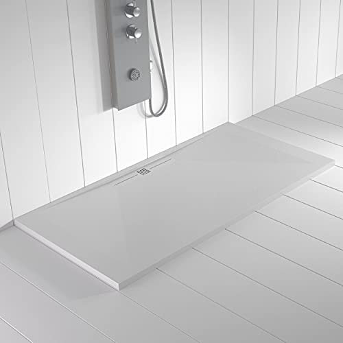 Shower Online Piatto doccia in resina WIDE - 70x160 - Texture in ardesia - Antiscivolo - Tutte le misure disponibili - Include griglia Colore Bianco e piletta - Bianco RAL 9003