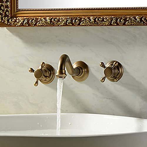 AXWT Robinet de Salle de Bain Mural 3 Trous en Laiton Vintage - Classique Mitigeur d'Évier à Deux Poignées pour Lavabo