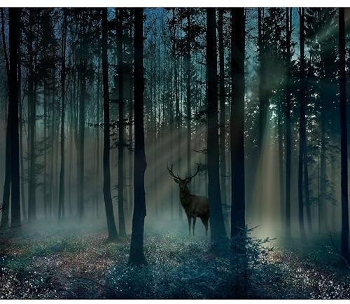 decomonkey - Papier Peint Panoramique Foret Nature 450x315 cm - Décoration murale moderne – Tapisserie décorative pour chambre salon - Cerf forêt nature plantes animaux