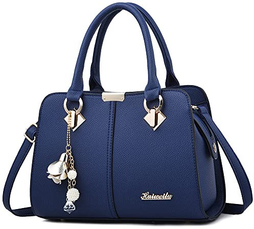 DORRISO Handtasche Damen Mittelgroß - Elegante Große Kapazität Wasserdicht PU Leder Mode Ornamente Abnehmbarem Schulterriemen für Reisen Arbeit Einkaufen Marineblau