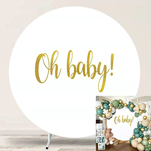 Jditngp Runde Hintergrundabdeckung Oh Baby, Polyester, 2.1 m, Oh Baby, runder Hintergrund für Fotografie, Babyparty, Geburtstag, Party, Banner, Geschlecht, Schwangerschaft, Fotostudio-Requisite