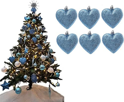 UKDeals Direct® Ice Blue Collection Weihnachtskugeln, Weihnachtsbaumschmuck, Glitzer, matt, Eiszapfen (6 Stück, Herzen, 8 cm)