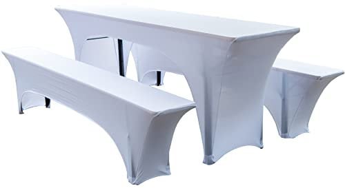 iEventStar Bier Stretchbezug Set 3tlg Elastische Bezüge für Bierzeltgarnituren Tischdecken Bierbankhussen (Weiß, für 50cm Tische)