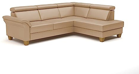 CAVADORE Leder-Schlafsofa Ammerland mit Ottomane / Landhaus-Sofa mit Federkern, Bett, Bettkasten + Kopfteilverstellung / 245 x 84 x 194 / Leder Beige