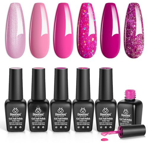 Beetles Pink Gel-Nagellack-Set, 6 Farben Hot Pink Glitter Rose Red Gel-Nagellack-Set mit Schneeflocke-Geschenkset für Mädchen, Soak-off UV-LED-Nagelgel DIY