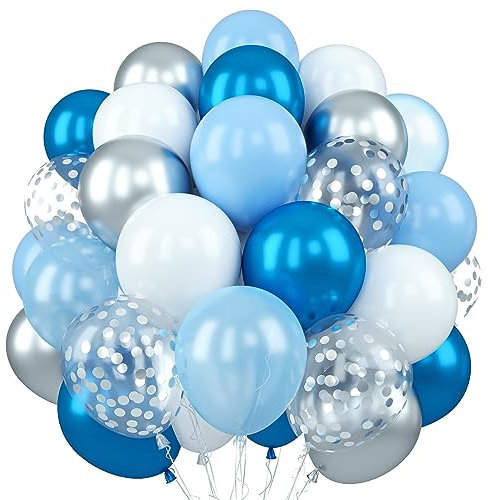 XEANCO Balloons 50 Pcs, Beautiful 10 inches Latex Balloons, Party Balloons, Wedding Balloons for Decoration, Perfect for YOUR beautiful Parties, Birthdays (Blue White & Silver Confetti-Confetti Pcs)