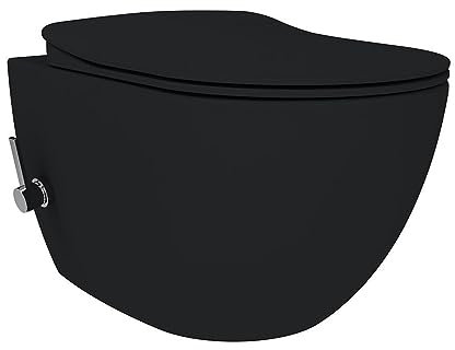 Furni24 Spülrandloses Wand-WC mit Toilettendeckel, integrierten Ventil Hänge Dusch Wc Taharet Bidet Taharat Intimdusche inkl. Slim Soft-Close Deckel, Hänge-WC, Bautiefe ist 50cm,Anthrazit