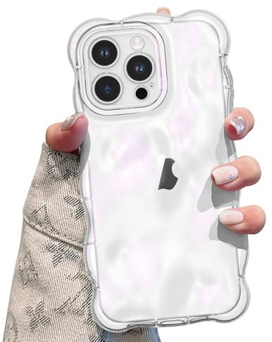 UEEBAI Ripple Case for iPhone 14 Pro Max, Cute Silver Cover Wave Shape for iPhone Case Pretty Aesthetic 3D Phone Cover, Water Ripple Shell 3D Chrome Design for Women and Girl, Clear Pink