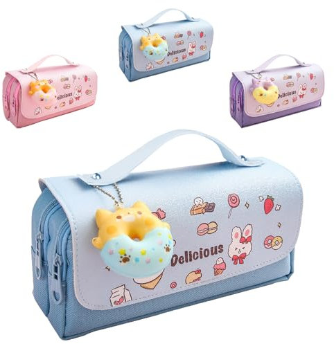 Blau Federmäppchen mit 3 Fächern, Mäppchen Mädchen mit Niedlicher Anhänger, Bleistiftbox, Federmappe, Federtaschen, Schreibwarenbeutel, Schule Teenager Geschenk, Schule Große Kapazität Pencil Case
