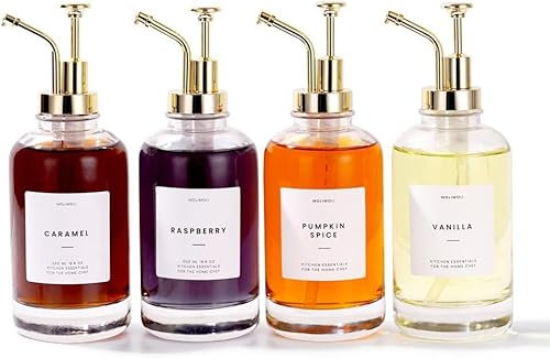 Molimoli Deluxe Syrup Dispenser for Coffee Station, Set of 4 Coffe Syrup Pump Dispenser, Coffe Accessories, with Labels, Gold