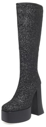 WeFloHsL Stivali Alti al Ginocchio con Plateau E Tacco Largo Glitter Punta Quadrata da Donna,Nero,39 EU