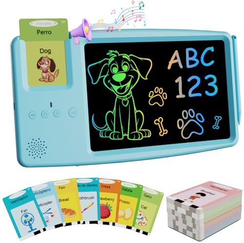 [2 en 1] Tarjetas Flash Parlantes con Tableta de Escritura LCD, Electight Juegos Educativos Montessori Infantiles para 2 3 4 5 6 7 8 Años, 112 Hojas 224 Palabras, Navidad, Cumpleaños, Español+Inglés