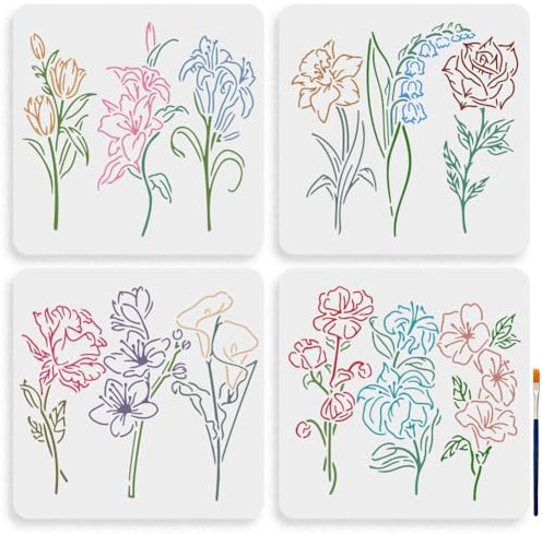 MAYJOYDIY 4 Wildblumen Schablonen 30x30cm Groß Rosen Lilien Tulpen Blumenschablonen Zum Malen Mit Pinsel Frühlingsblumen Feldpflanzen Zeichenvorlage Für Holzwände Leinwand Möbel Basteln