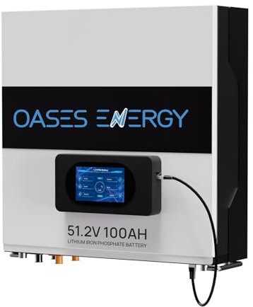 Oasesenergy 48V 100Ah Lifepo4 Batterie au Lithium Murale 5120Wh avec écran Intelligent Tactile 4000 à 15000 Cycles de Vie et 10 Ans de durée de Vie, Camping-Car, Solaire, Hors réseau, PV,Caravanes