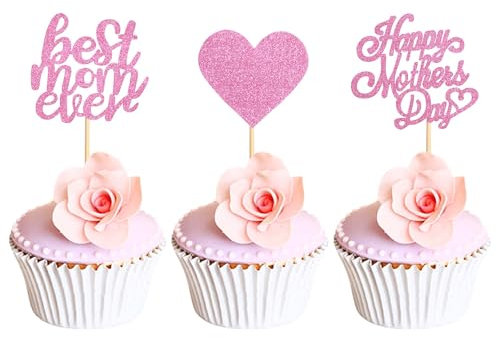 Blumomon 24 Stück Glitzer Happy Mothers Day Cupcake Topper Beste Mama Kuchendeko Mutter Cupcake Topper für Muttertag Party Kuchendeko