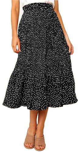 Timuspo Rock Lang Midirock Polka Dot Röcke für Damen Elastische Taille Skirts Breezeful mit 2 Taschen Schwarz S