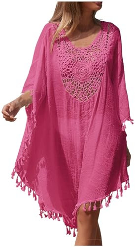 Women's Swim Cover-Ups Baggy Beach Cover Up Long Sleeves Hollow Out V Neck Crochet Dress Tassel Bikini Cover Up Sarong Bathing Suit Loose Lightweight Kaftan Plus Size Bohemian Dress Swimsuit