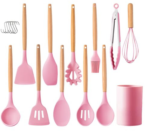 Küchenhelfer-Set 12-teilig Silikon-Kochutensilien-Set mit Holzgriff, hitzebeständig antihaftbeschichtet Kochgeschirr Zange Spatel Löffel-Set spülmaschinenfest (Rosa)