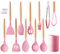 Kitchen Utensil Set 12 Pieces Silicone Cooking Utensils Set with Wooden Handle, Heat Resistant Non-Stick Cookware Tongs Spatula Spoon Set Dishwasher Safe (Pink)