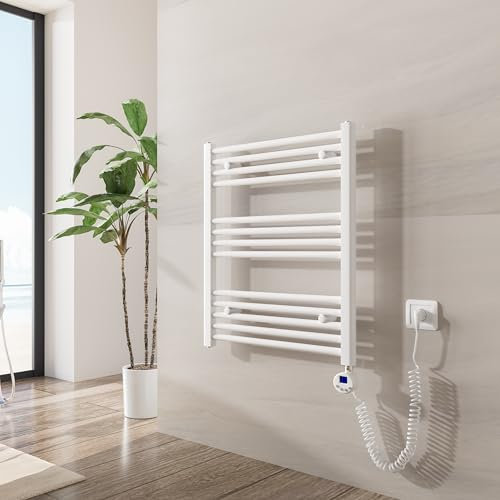 Heilmetz Badheizkörper Elektrisch mit Heizstab 300W Leistung 700 x 600 mm Weiß Gerade Bad Heizkörper Handtuchwärmer Handtuchtrockner mit Thermostat Timer