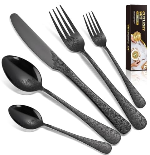 Cutlery Set Stainless Steel for 6 People, BILLION DUO Flatware Set Including Knife, Fork, Spoon, Cutlery Mirror Polished, Dishwasher Safe, Camping Cutlery Set 30 Pieces (Black)