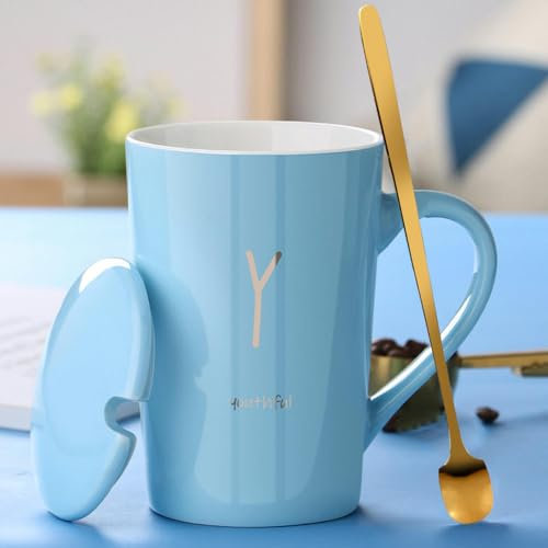 TOXVEK Buchstaben-Keramikbecher-Set Mit Deckel, Löffel, Trinkbecher, Paar, Heim-Teetasse