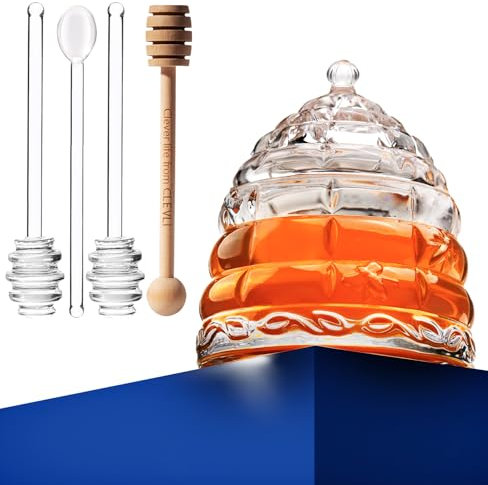 Elegant Glass Crystal Honey Jar with 2 Glass + 1 Wooden Dipper & 1 Clear Spoon | Beehive Design | 10 oz Container | Perfect for Sugar, Marmalade & Jam | Durable & Stylish Multipurpose Pot with Lid