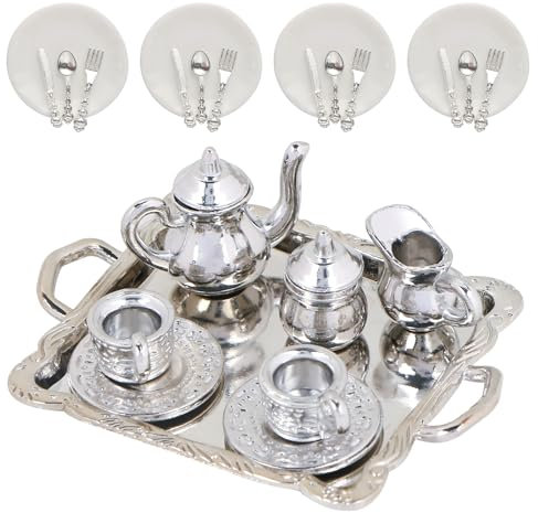24 Pieces 1:12 Miniature Tea Set Metal Mini Teapot Tiny Tea Cup Mini Doll Plates Knife Fork Spoon Miniature Dollhouse Accessories for Dollhouse