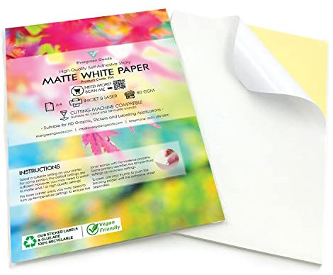 Evergreen Goods Ltd 1000 Sheets A4 White Self-Adhesive Matte Sticker Paper | Durable Photo Paper for Inkjet and Laser Printers | Adhesive Film on the Back Perfect for Customizable