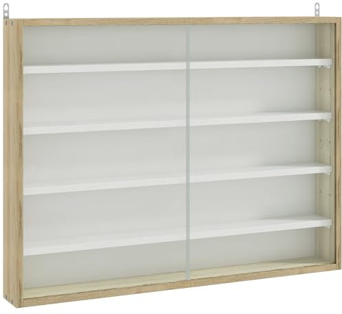 HOMCOM Vitrine pour Collection vitrine Murale 80 x 9,5 x 60 cm avec 4 étagères réglables en Hauteur et 2 Portes coulissantes en Verre, pour Collection de Figurines et Voitures Miniatures, chêne