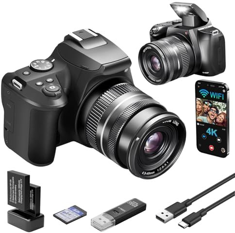 4K Digital Camera for Photography with WiFi, 10X Optical Zoom Vlogging Camera for YouTube 64MP Autofocus Compact Camera with 64GB SD Card 2 Batteries, USB Card Reader & Charging Stand