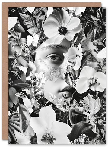 Artery8 Greeting Card Spring Face Flower Blooms Black White Collage For Her Woman Birthday Card