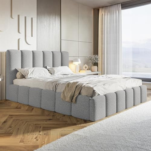 MOTIVENA Nunu Bubble Bett 120x200, Polsterbett 120x200 mit Bettkasten, Polsterbett 120x200 mit Stauraum, Polsterbett 120x200 Boucle, mit Lattenrost, mit Kopfteil, ohne Matratze, Grau Hellgrau