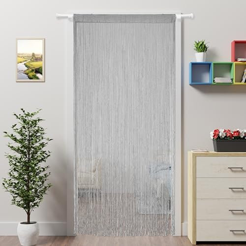 Ateasierlife Rideau de porte - Moustiquaire à ficelles - Rideaux de fenêtre et de portes avec perles - Séparateur de pièce, cuisine et extérieur - Gris - 100 x 200 cm