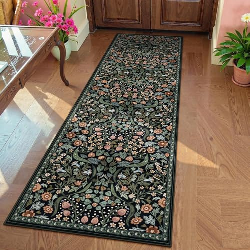 Moynesa Läufer mit Blumenmuster für Flur, 70 x 200 cm, waschbar, Küchenläufer, rutschfest, Boho, weich, Badezimmerteppich, botanisch, ultradünn, für Eingangsbereich, Wäsche, Schwarz
