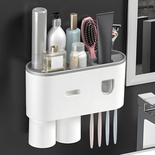 Wall Mounted Toothbrush Holder with 2 Cups, Automatic Toothpaste Dispenser Bathroom Shelf with Drawers, Wall Sticky Storage Organiser Bathroom Accessory