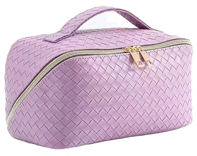 PU Makeup Bag, Large Capacity Travel Make Up Bag, Waterproof Portable Toiletry Bag with Divider and Handle Flat Lay Black Make up Organizer Travel Essentials (Purple)