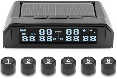 Avutrel TPMS - Sistema de monitorización de la presión de los neumáticos con carga solar y USB con 6 sensores de presión de neumáticos, 5 modos de alarma, apto para coche, camión, caravana de 0 a 9,9