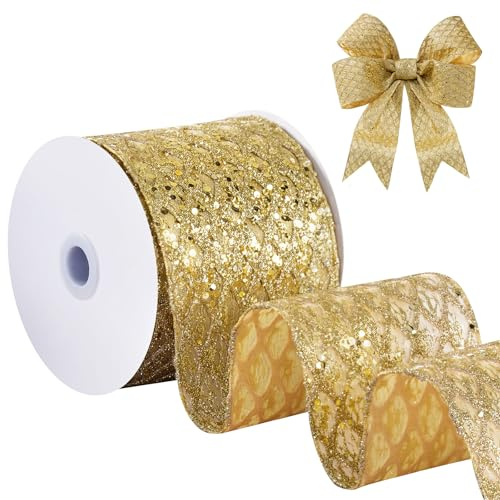 FAKILO Cinta de malla dorada con alambre, 4 pulgadas x 10 yardas, cinta de malla con purpurina, adecuada para decoración de coronas, decoración de árbol de Navidad, vajilla de Navidad y decoración de