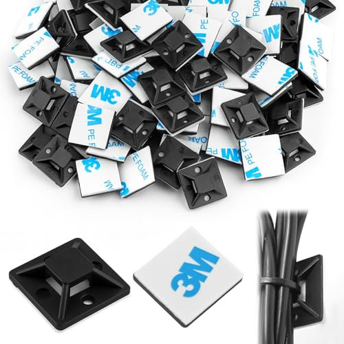 100 Pack Cable Tie Mounts 20 x 20mm, Sticky Cable Tie Pads Durable Black Cables Ties Base Cables Ties Adhesive Mount Premium Adhesive Fixing Mounts for Home Office Garage and Workshop