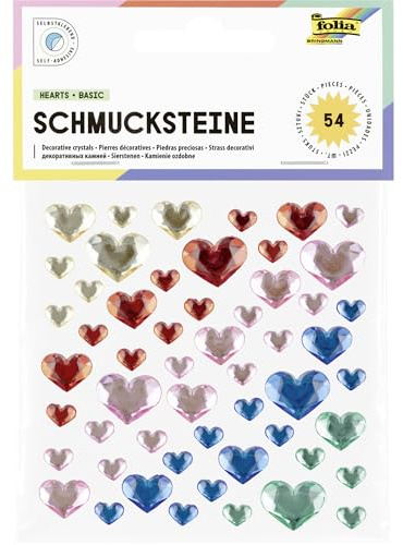 folia 12311 - Schmucksteine HEARTS BASIC, 54 herzförmige Glitzersteine in 5 Farben, Aufkleber in 3 Größen, selbstklebend, zum Verzieren und Dekorieren
