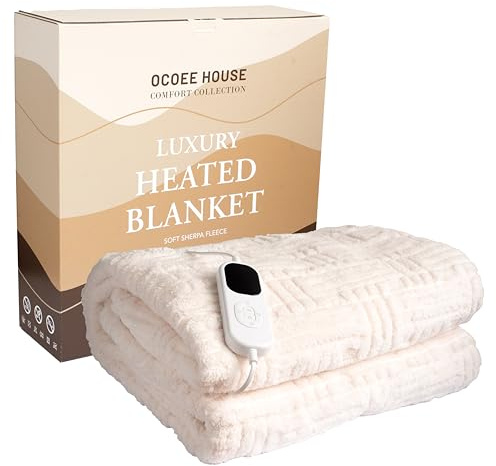 Ocoee House Luxury Heated Blanket, Electric Throw - 180x160cm King Size Ecru Thick Heavyweight Patterned Sherpa Fleece. 6 Heat Settings, Digital controller. ETL/VDE certified