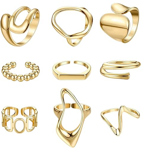 GWAWG 9 PCS Bague Acier Inoxydable Femme, Vintage Jonc Acier Inoxydable, Bague Anti Stress, Minimaliste Réglable Bague Empilable Argent/Or Bagues Pour Fille
