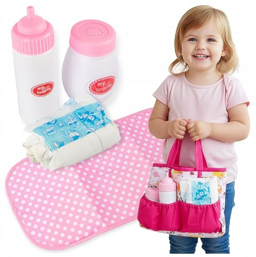 Kinderplay Puppen Pflege Set mit Wickeltasche – Puppenzubehör für Rollenspiele, inkl. Flasche, Windel & Wickelunterlage – Geschenkidee für Mädchen ab 3 Jahren