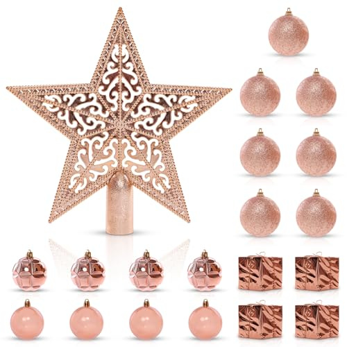 Rose Gold Christmas Baubles Set – Mixed Shape Shatterproof Tree Decorations with Pinecones & Gold Star Topper – Rosegold Xmas Ornaments for Christmas Tree Décor