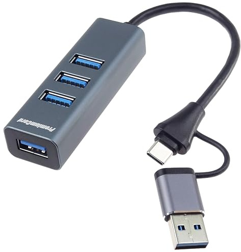 PREMIUMCORD SuperSpeed ​​​​USB 2in1 Hub auf 4X USB A, Datenübertragung 3.2 Gen1 5Gbit/s, Typ-C Stecker, Laden von 5V, für PCs, Laptops, Tastaturen, Mäuse, SSDs, Metallgehäuse, 15 cm