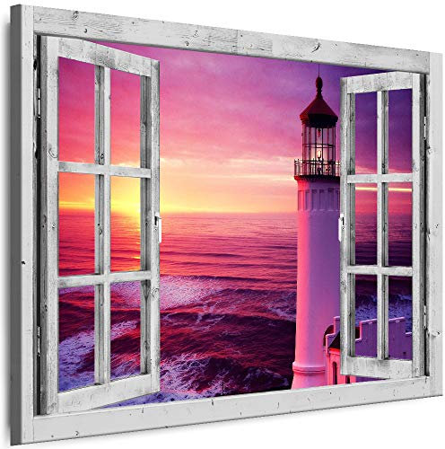 Myartstyle - Bilder Fenster 70x80cm XXL Leinwandbilder - 1 Teilige Wandbilder Fensterblick Leuchtturm Landschaft Natur Kunstdrucke w-D4-88