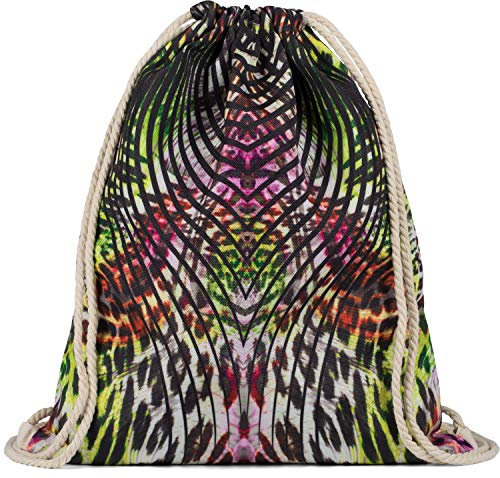 styleBREAKER Damen Turnbeutel mit tropischem Dschungel Leo Print im Boho Style, Rucksack, Sportbeutel, Beutel 02012338, Farbe:Schwarz-Neongelb-Rot-Pink